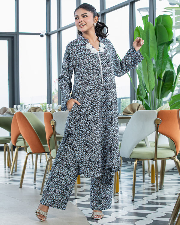 Fancy cotton co’ords set  with neckline embroidery.