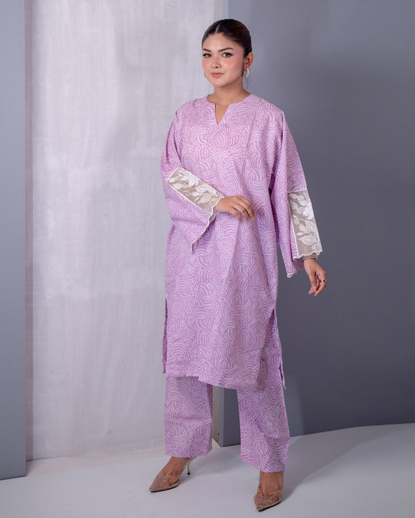 Printed with sleeves work Co'ords-lavender color