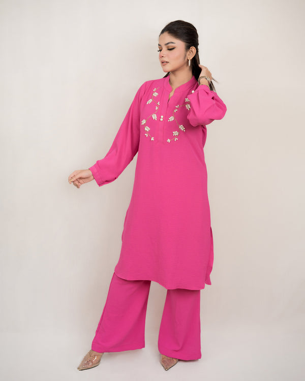 Dubai creap with karchupi Work Co'ords Set Hot Pink