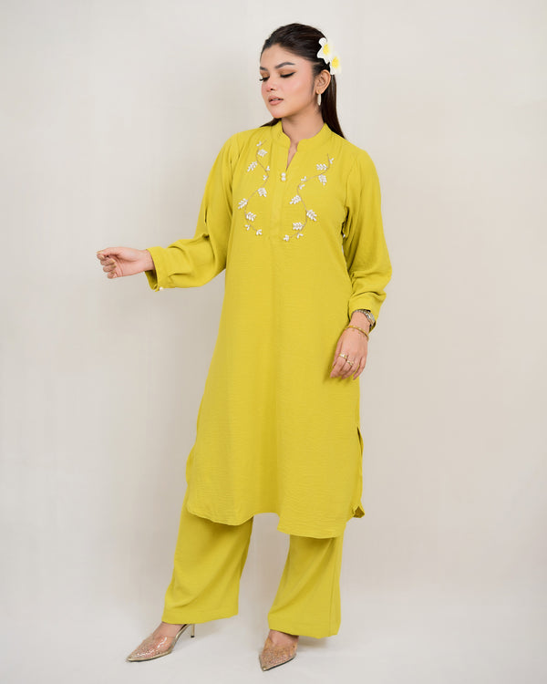 Dubai creap with karchupi Work Co'ords Set- Mustard Yellow